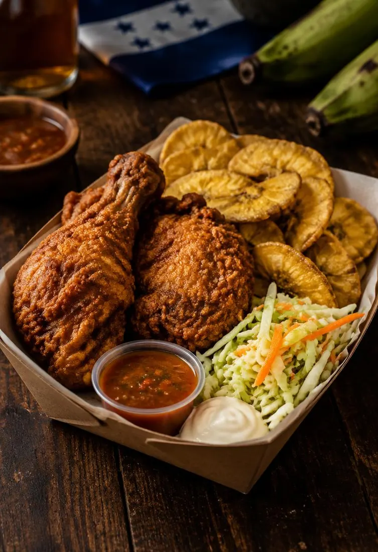Pollo con tajadas servido con repollo y salsas